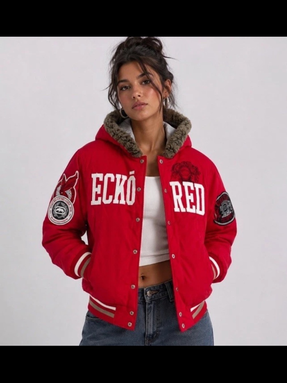 Ecko Red Women's Varsity Hooded Jacket with Faux Fur Trim